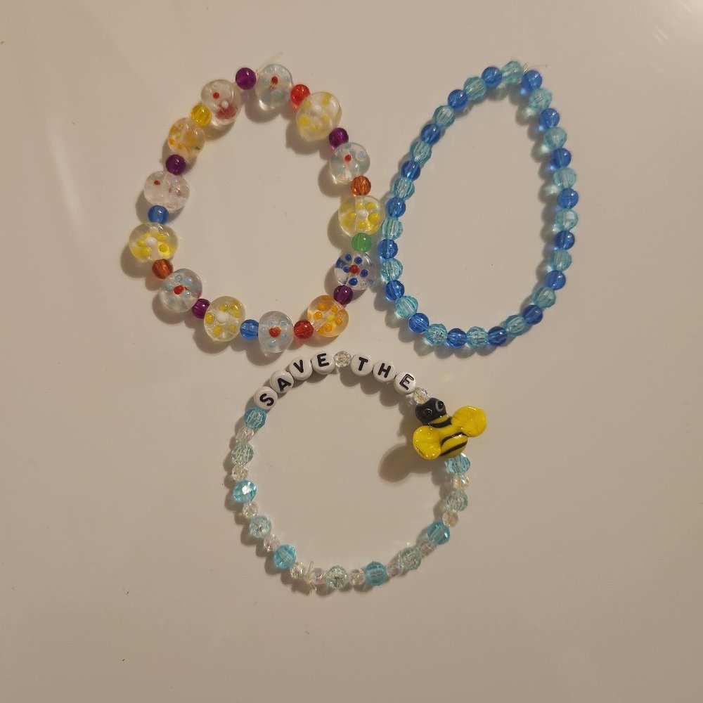 Blue and Yellow Beaded Save The Bees Bracelet Set